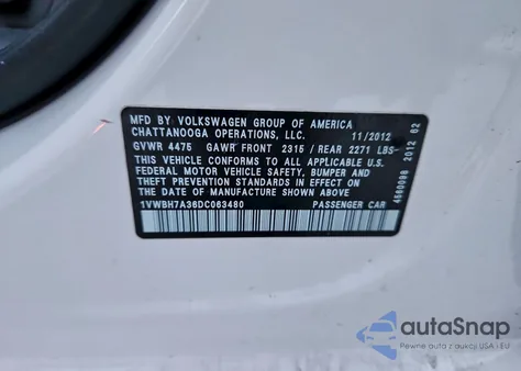 2013 Volkswagen Passat Se z USA, uszkodzony, nr VIN 1VWBH7A36DC063480